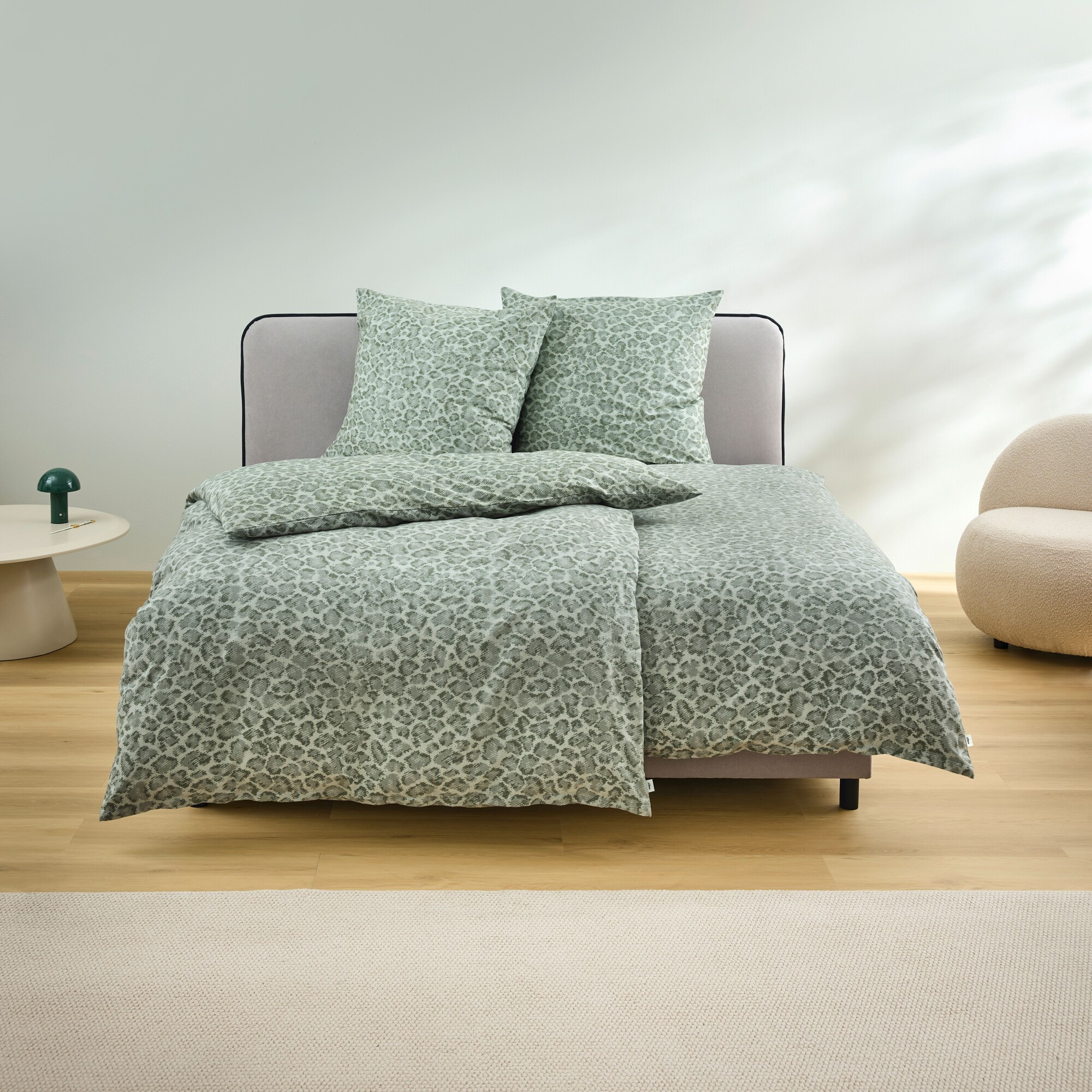 bed linen, duvet cover, pillow case, animal print, gray green, bed linen, duvet cover, pillowcase, leopard print, soft green, bed, duvet, leopard print, linens, green-gray