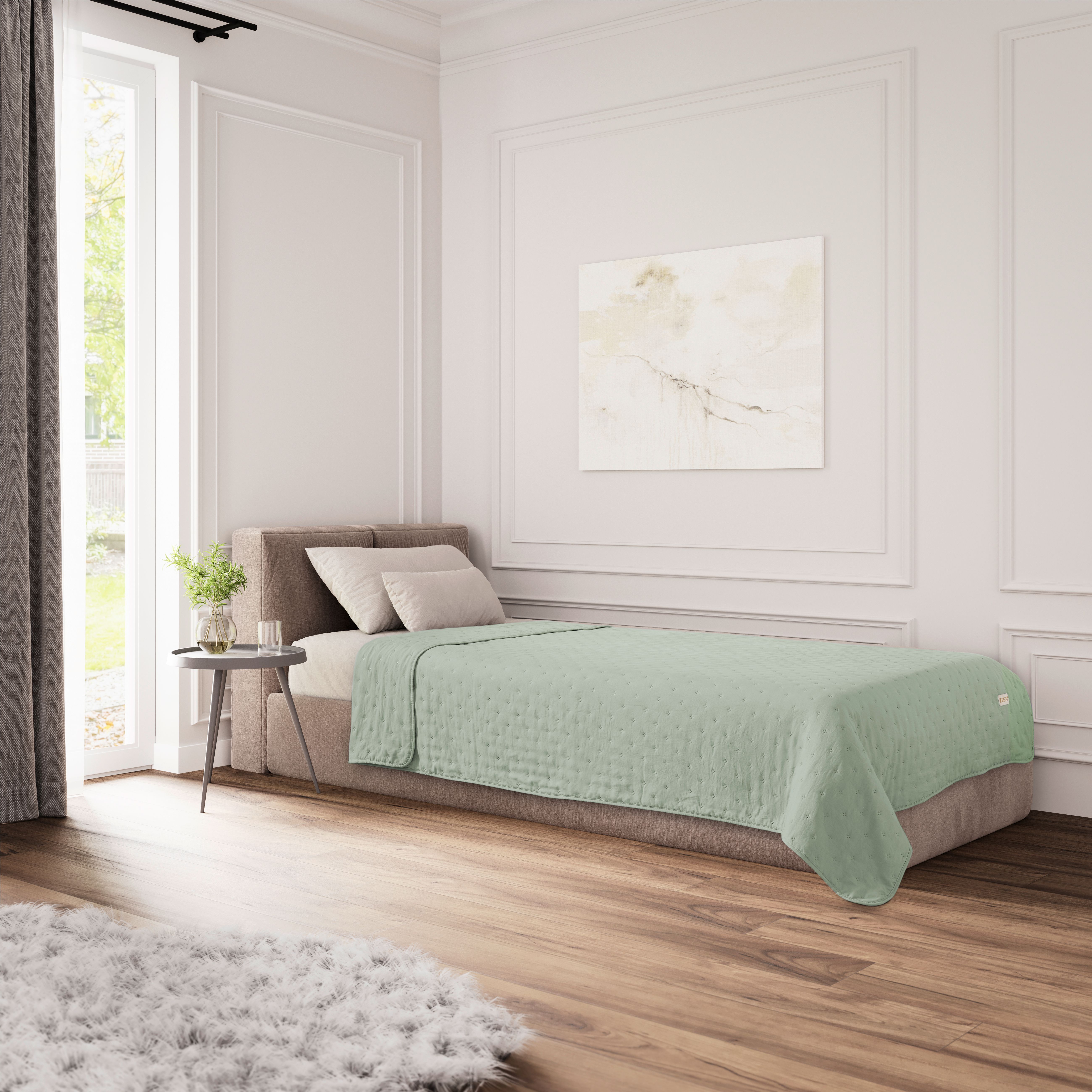 bett, zimmer, grünmint, bettdecke, paneelmoulding