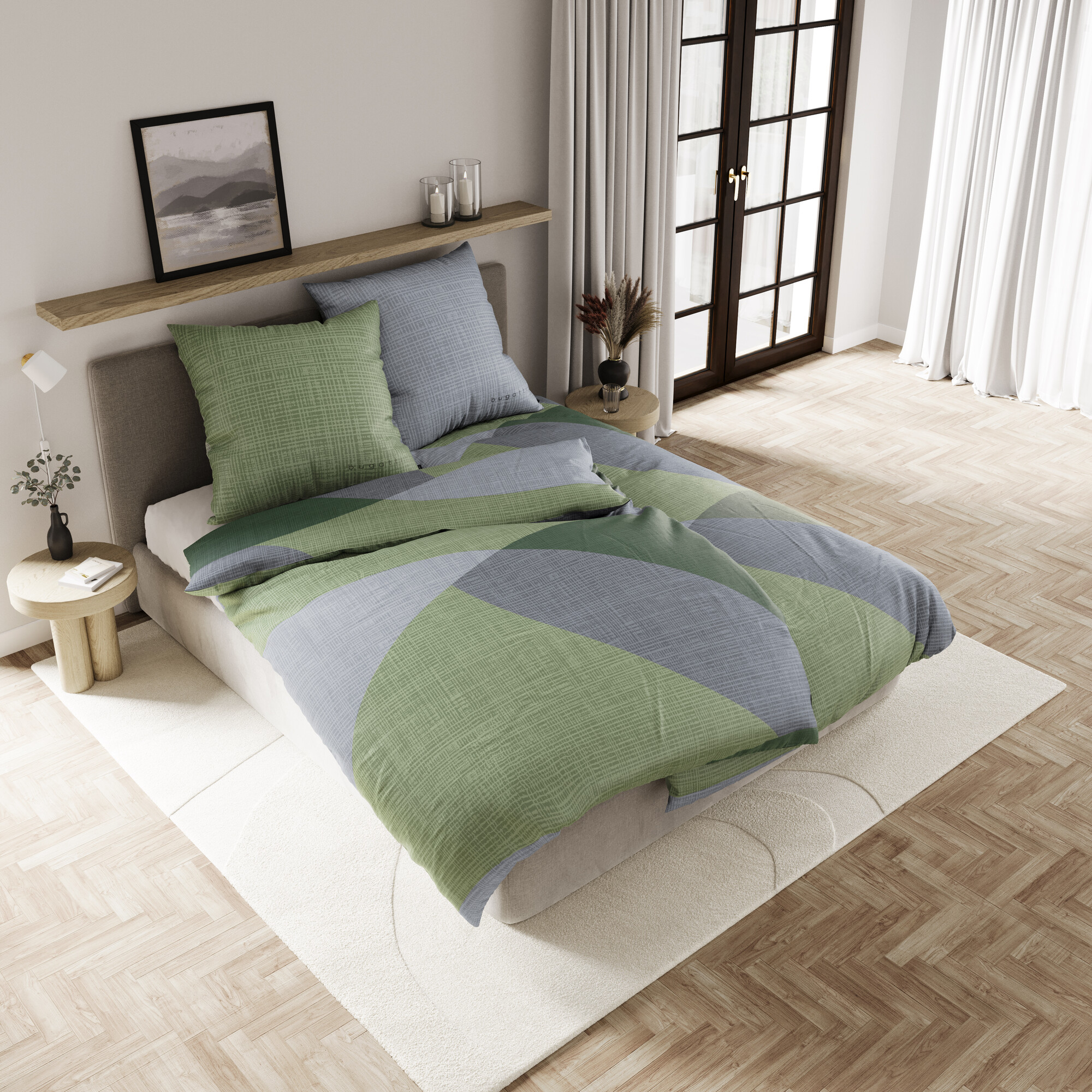 bett, bettdecke, grün grau, kissen, zimmerdeko, Bett, Daunendecke, Bettwäsche, Kissen, Wohnkultur