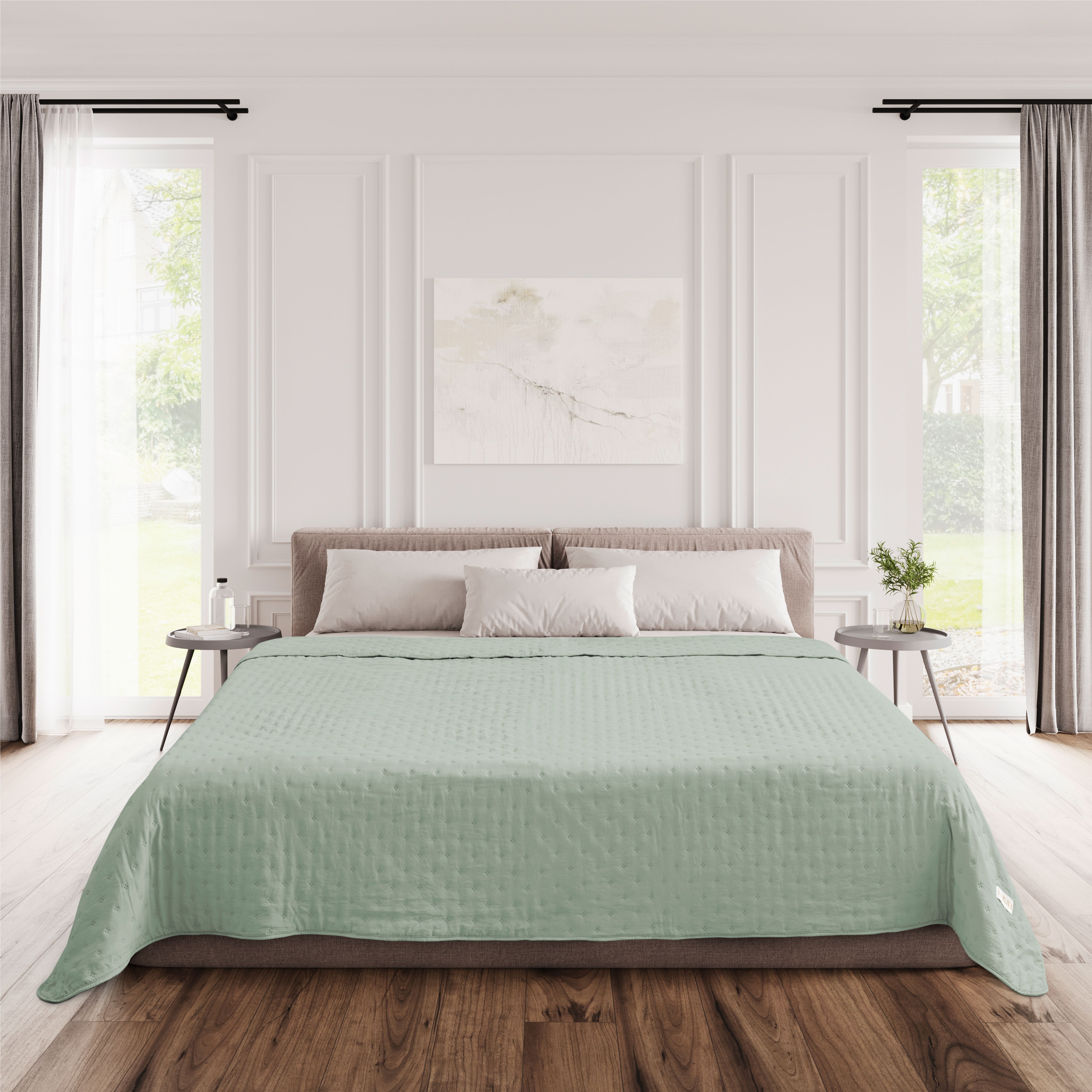 Bett, Schlafzimmer, Decke, Mintgrün, Leinen, Bettüberwurf