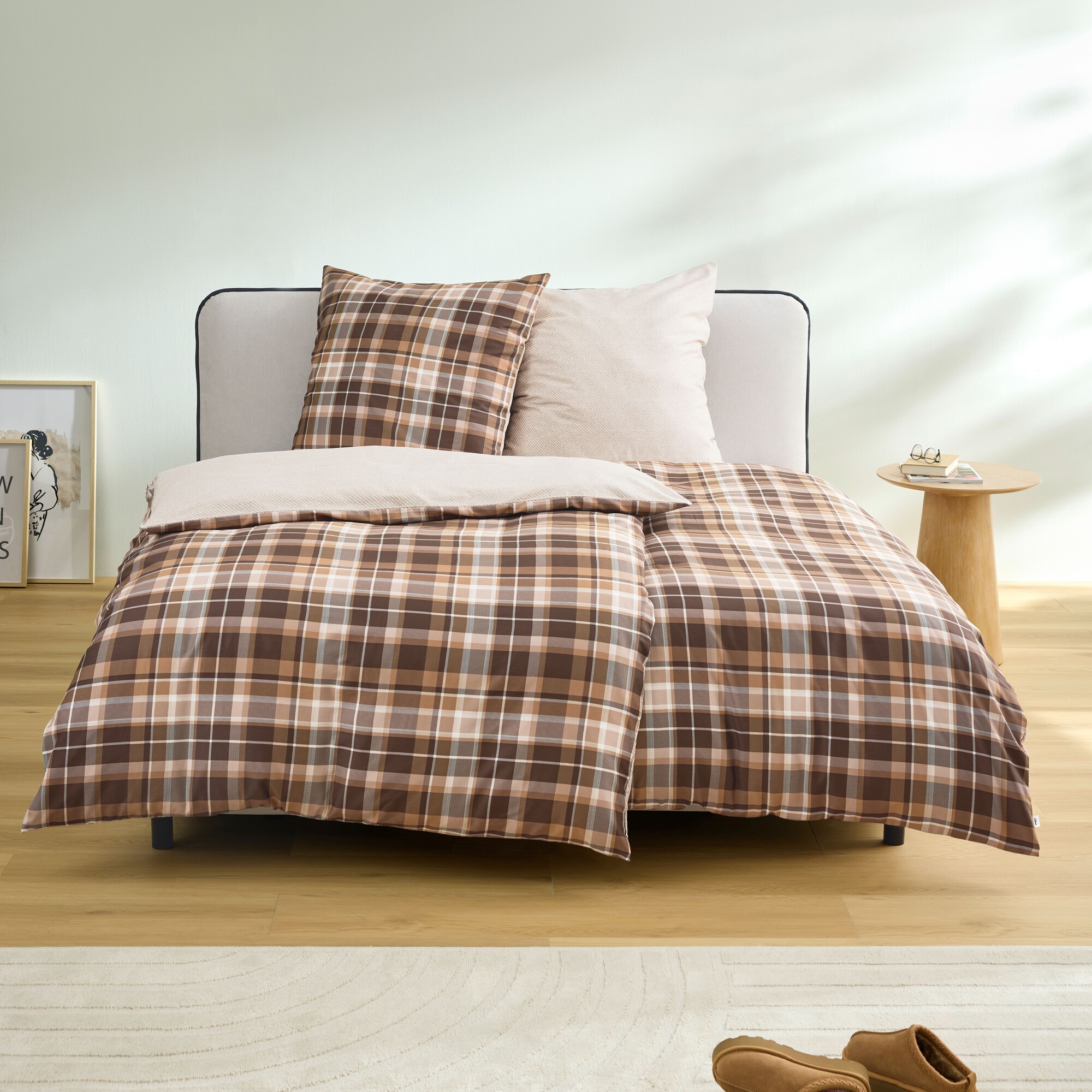 bett, duvet, Karomuster, Bettwäsche, braune Töne