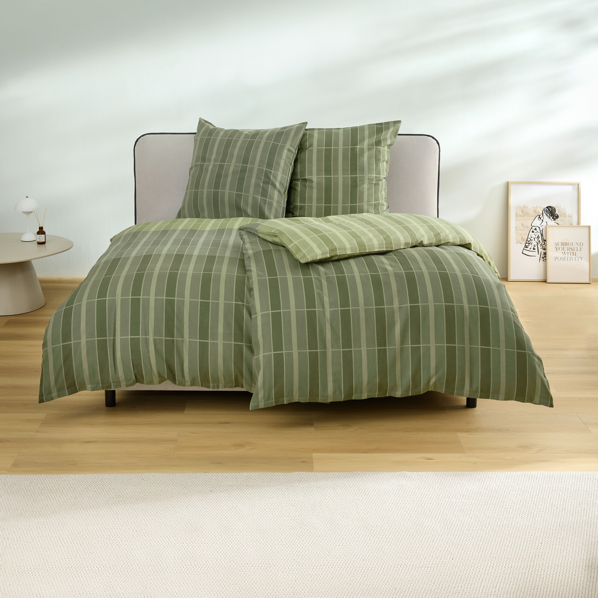 bed, duvet, green, grid, comforter