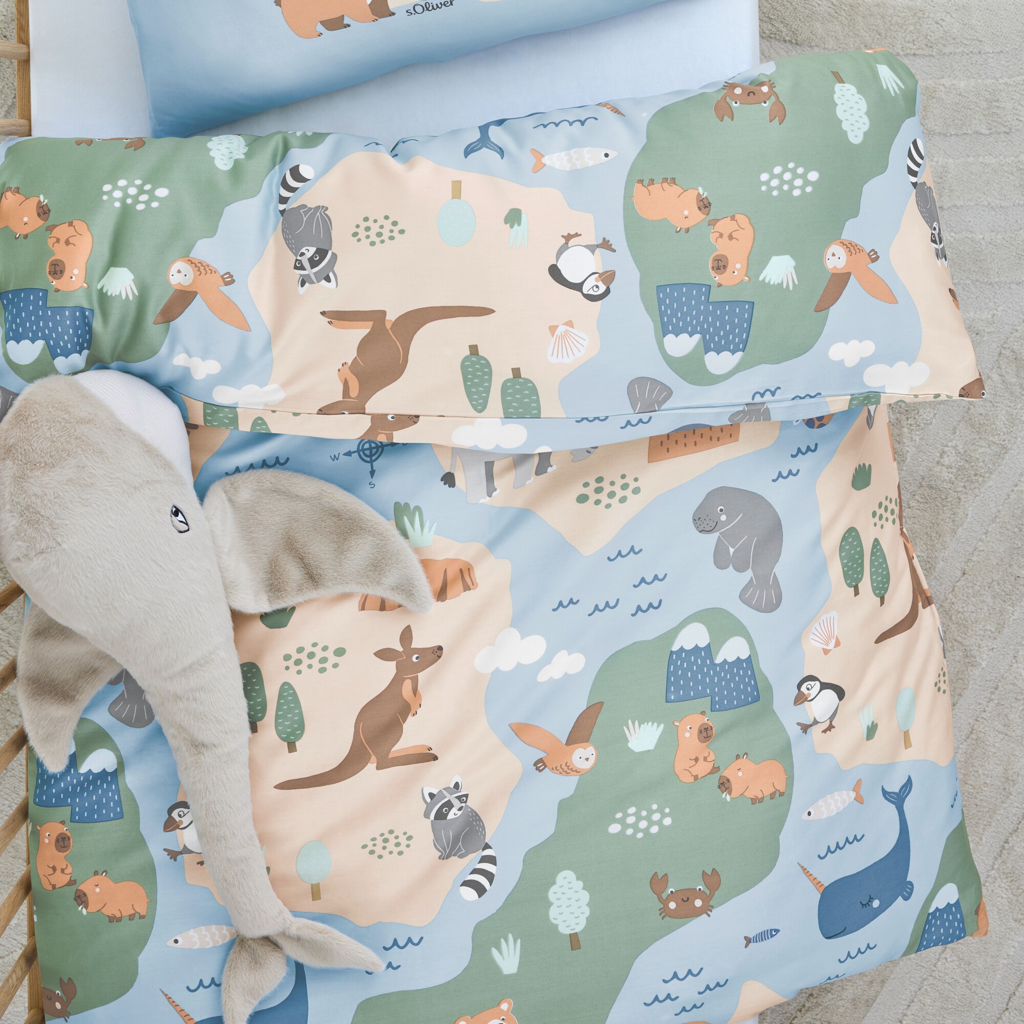duvet cover, kids bedding, animal pattern, map design, soft toy elephant