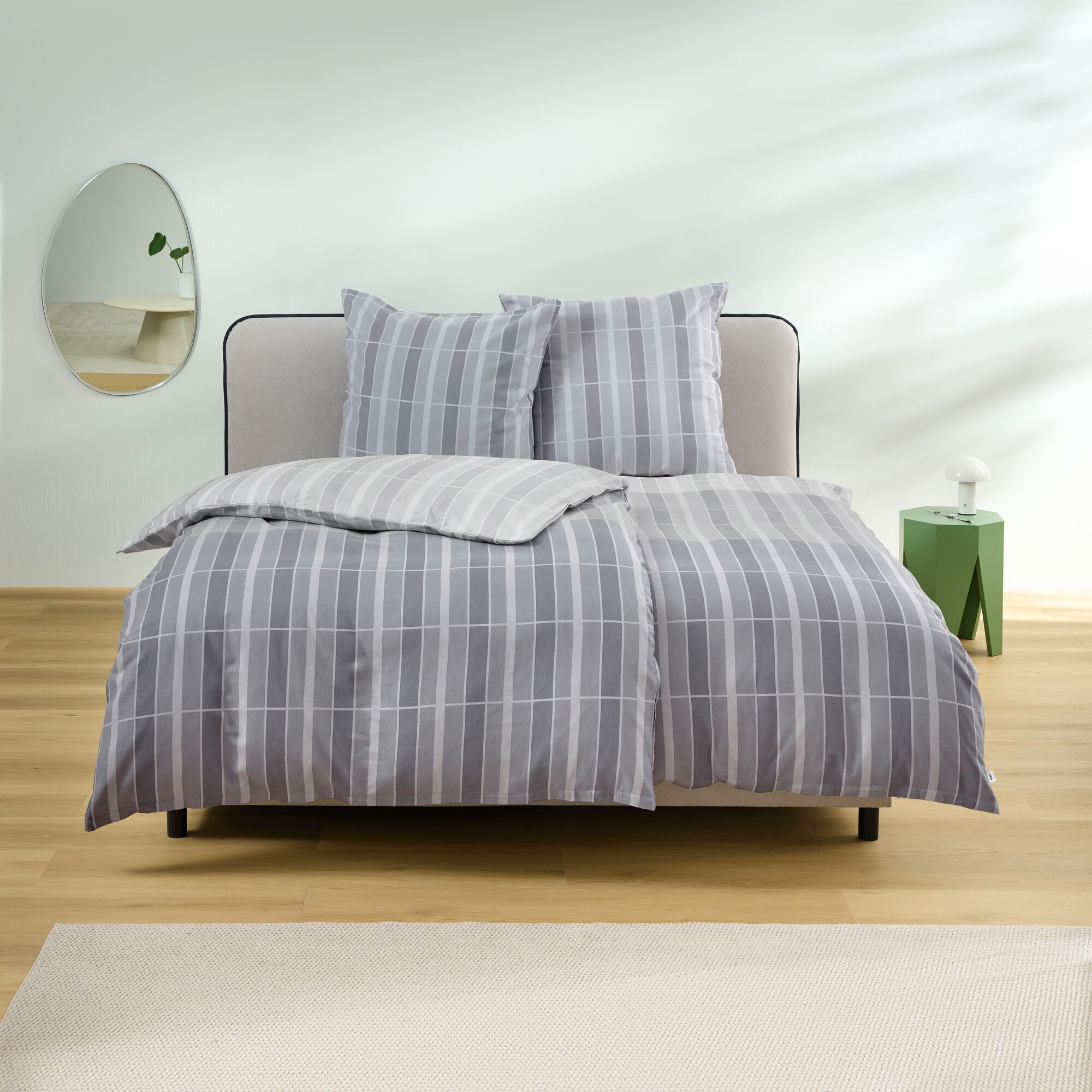 bed, duvet, bedding, gray, striped