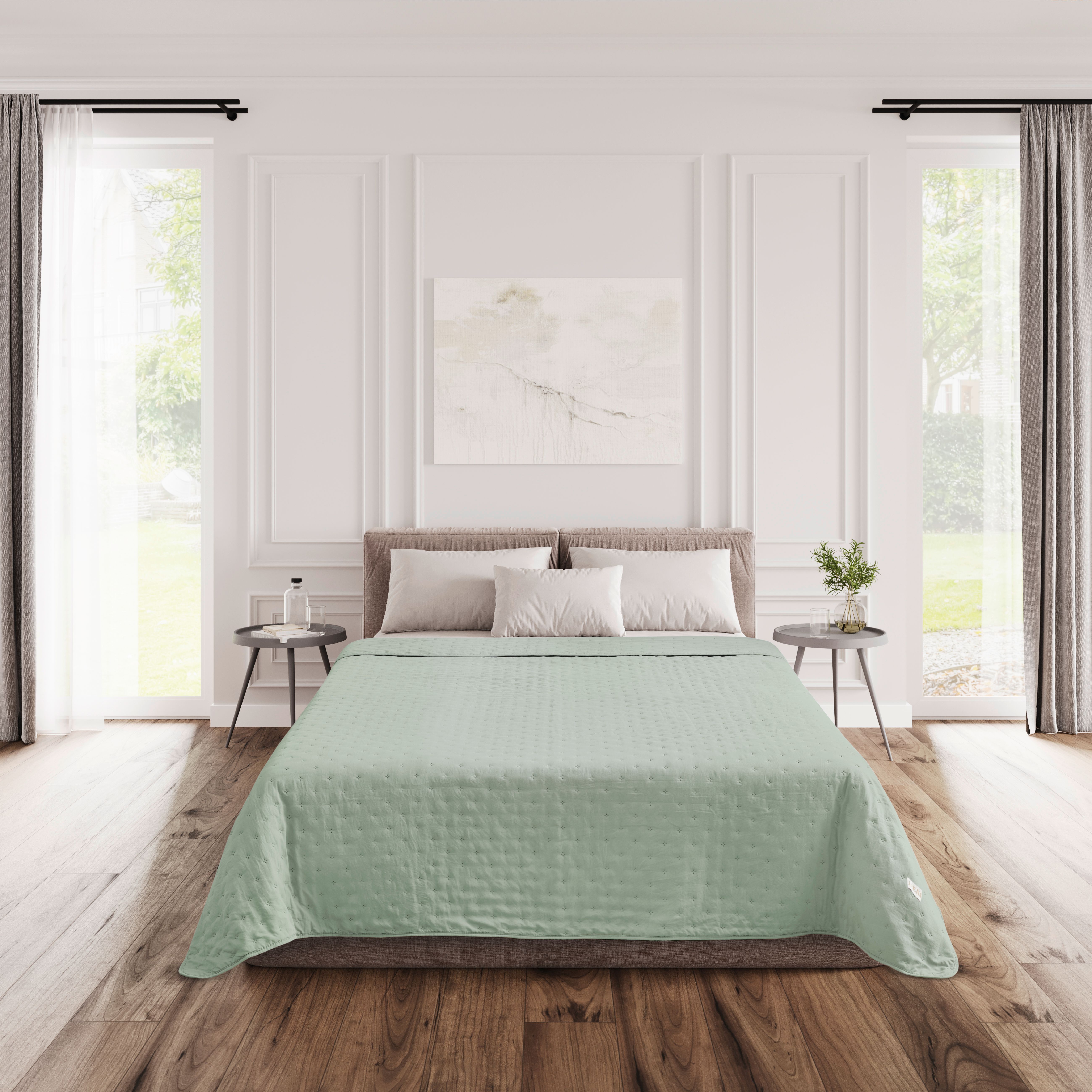 bett, duvet, minzgrün, neutral, schlafzimmer