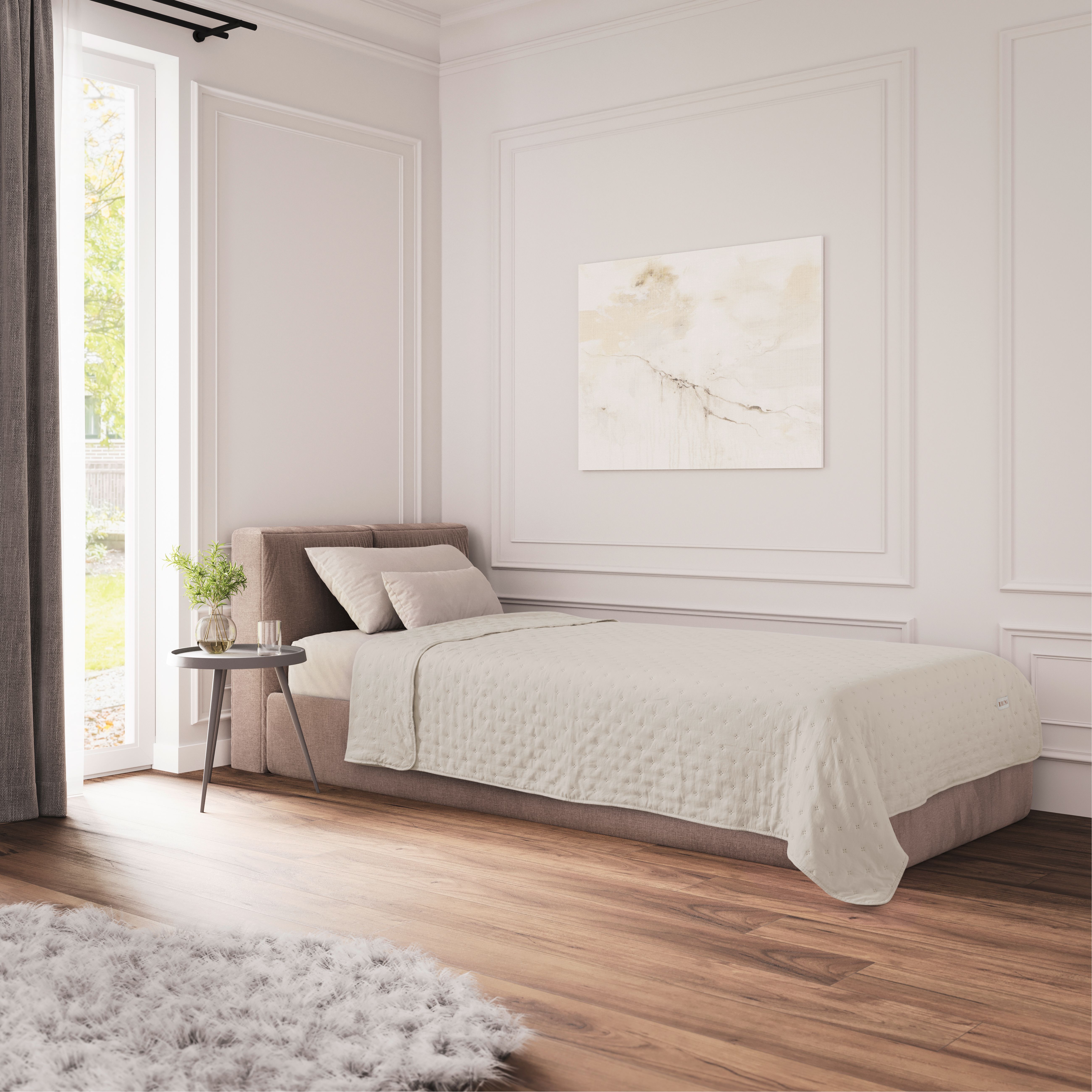  Bett, Schlafzimmer, Kingsizebett, neutrale Einrichtung, Wandkunst