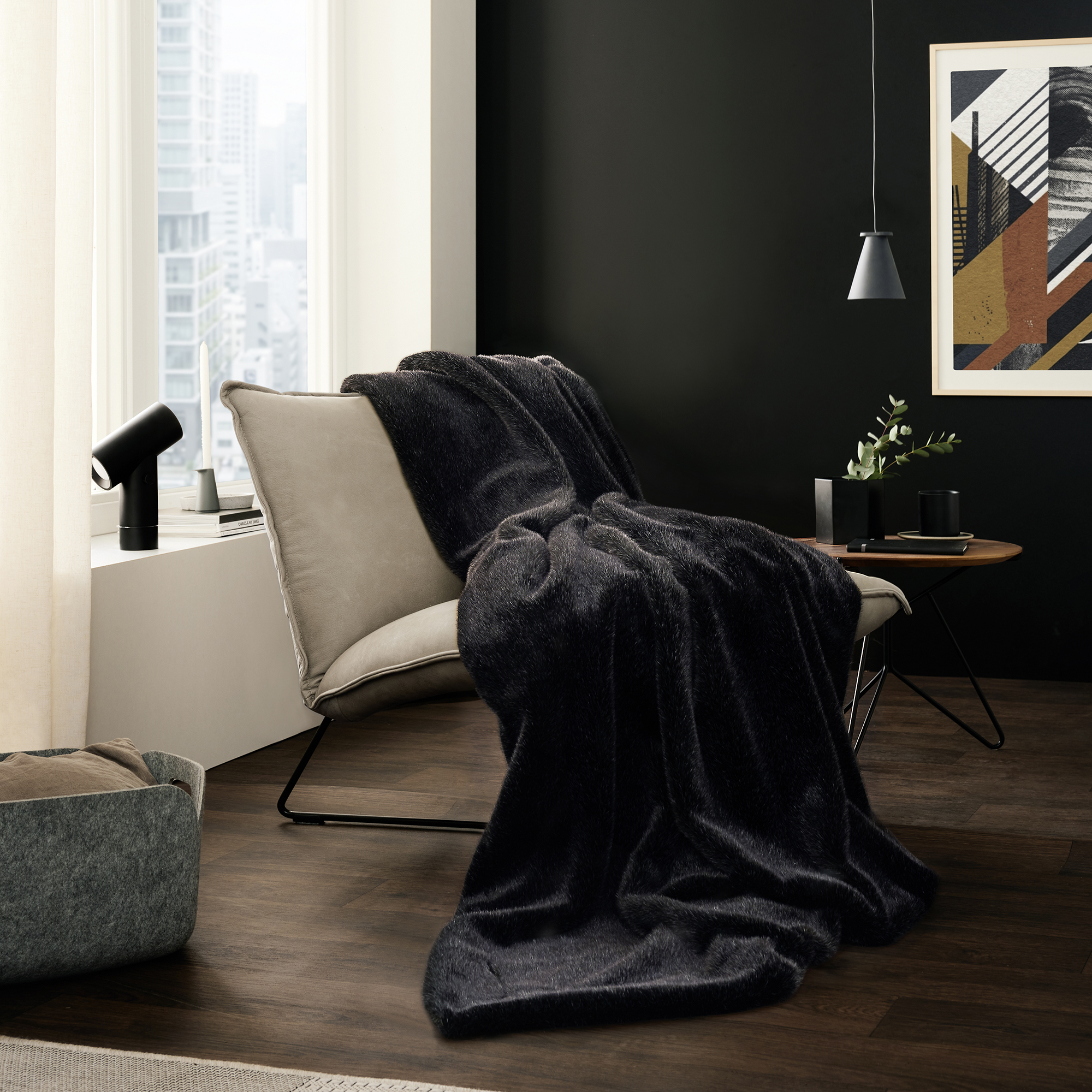 Sofa, Decke, Wurfdecke, Wohnzimmer, dunkle Wand, Sofa, Sessel, Decke, Schwarz, Wohnzimmer
