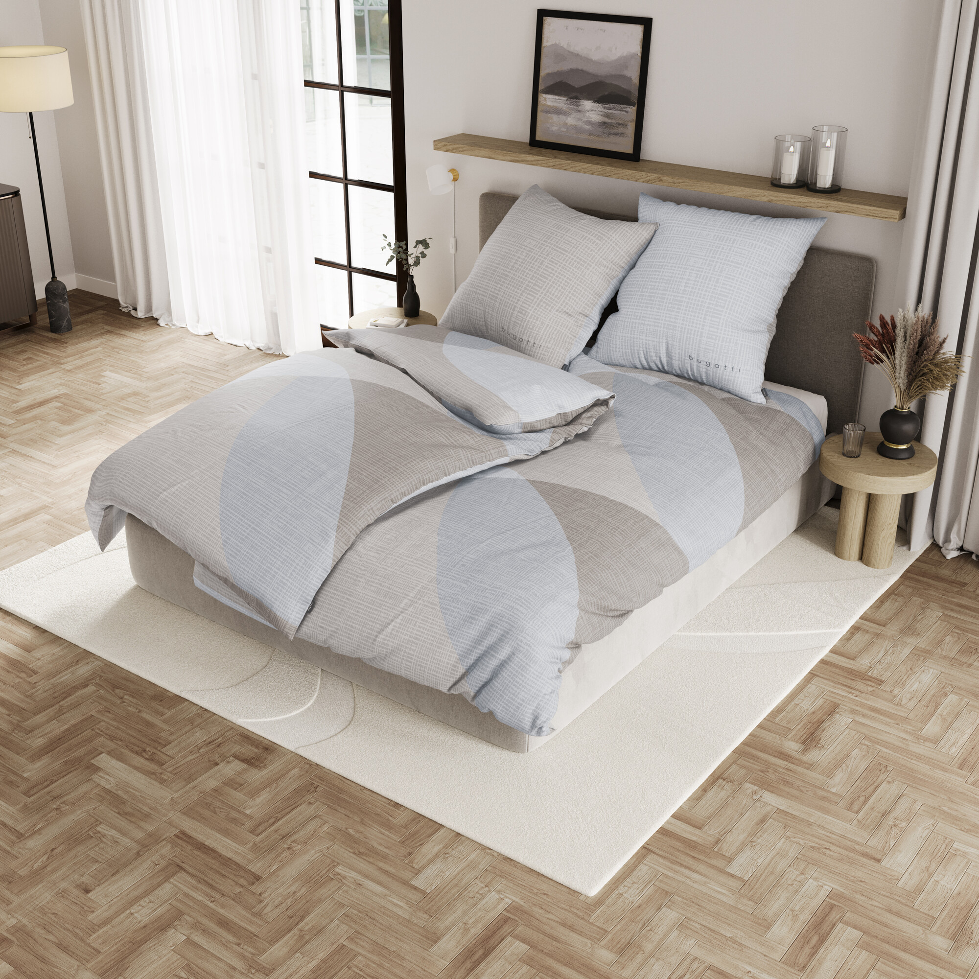 Bett, Daunendecke/Duvet, Bettwäsche, Kissen, Holzboden, Bett, Bettdecke, Bettwäsche, Kissen, geometrisches Muster