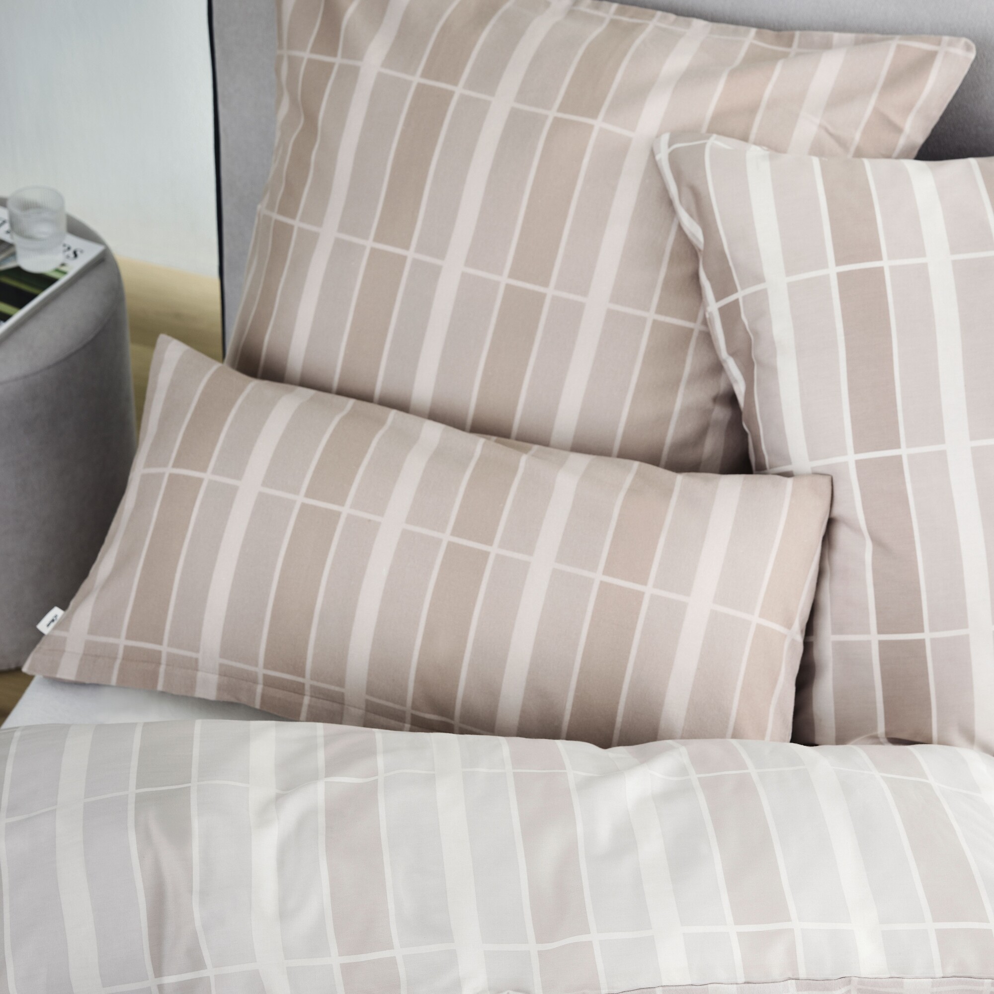 pillow, bedding, bedsheet, grid pattern, neutral beige