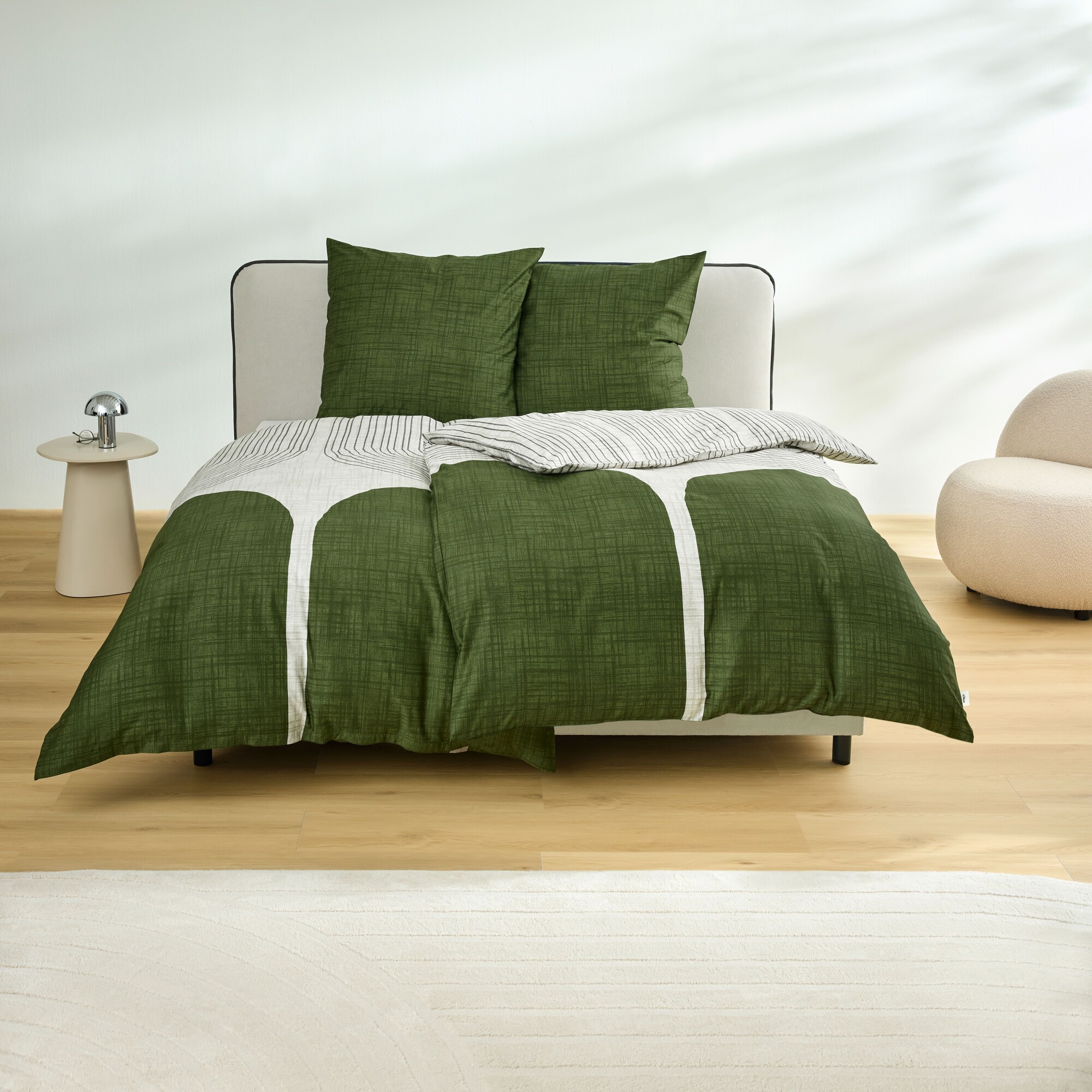 bett, duvet, grün, leinen, muster, bett, deckenbezug, grün, leinen, streifen