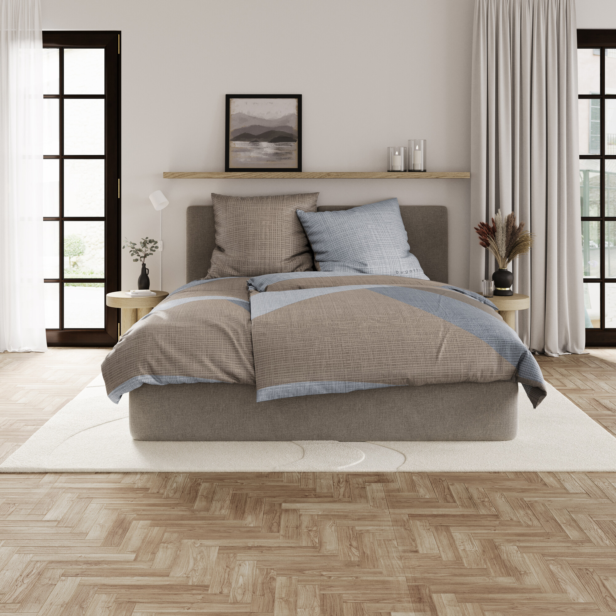 Bett, Bettdeckenbezug / Daunendecke?, Kissen, Grau, Holzboden,  Bett, Bettdecke, KKissen, Schlafzimmer, neutral