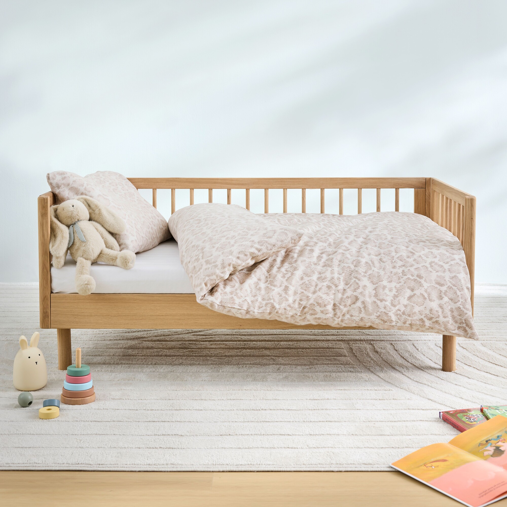 kids, child, bed, duvet, toy, kids bed, wooden frame, bed bedding, leopard pattern, soft toy